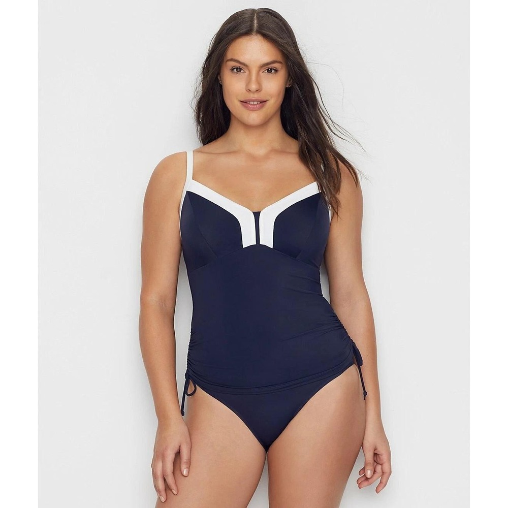 Panache Tankini Top and Bottoms Large Navy Blue White Side Ruched Swim Nautical